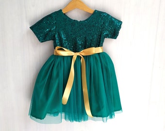 Emerald Green flower girl dress, Hunter green girl dress, Forest green tutu dress with gold ribbon belt, green sequin dress for girl