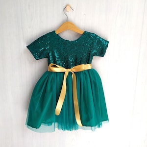 Emerald Green flower girl dress, Hunter green girl dress, Forest green tutu dress with gold ribbon belt, green sequin dress for girl