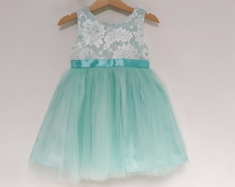 Mint Green Flower Girl Dress, Lace and satin flower girl dress with mint green tutu, Birthday dress, girl dress, flower girl dresses