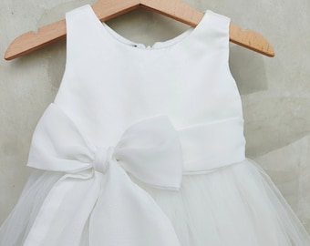 Flower girl dress white or ivory satin, communion dress, toddler dress, girl satin dress, white tutu dress, simple ivory white dress