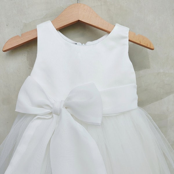 Flower girl dress white or ivory satin, communion dress, toddler dress, girl satin dress, white tutu dress, simple ivory white dress