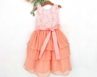 Peach flower girl dress, Junior bridesmaid dress peach, Chiffon flower girl dress, Peach girl dress, 3 tier girl dress, Peach wedding theme
