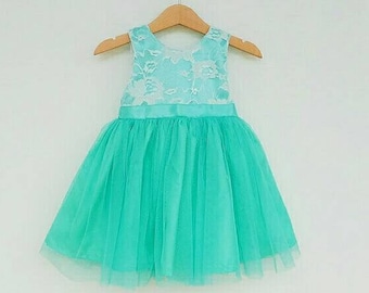Turquoise Flower Girl Dress, Lace flower girl dresses, Beach wedding flower girl dress, Turquoise tutu dress, mint green tutu dress
