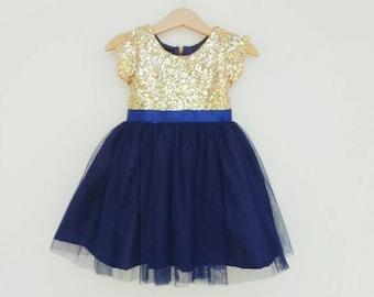 Gold Sequin Flower Girl Dress: Navy Tulle Tutu, Christmas Party Dress
