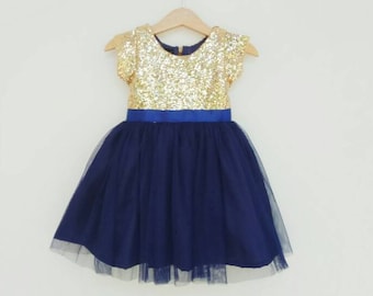 Flower girl dress, gold and navy girl dress, Tutu girl dresses, Navy blue flower girl dresses, tulle dress, christmas dress, princess dress