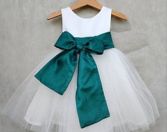 Peacock Green flower girl dress toddler white wedding princess outfit, teal green flower girl dresses with tulle, ivory dress, baby dress