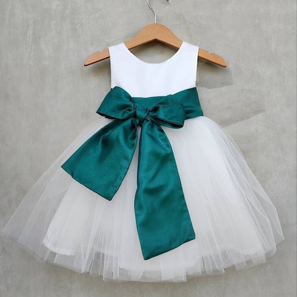 Peacock Green flower girl dress toddler white wedding princess outfit, teal green flower girl dresses with tulle, ivory dress, baby dress