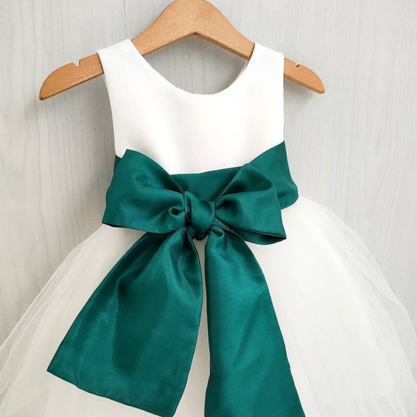 Flower girl dress emerald green sash with bow, Junior bridesmaid dress ivory or white, girl tutu dress, emerald wedding theme