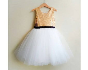 Flower girl dress tutu white and gold with black satin ribbon belt, White tutu dress, gold and white flower girl's dress