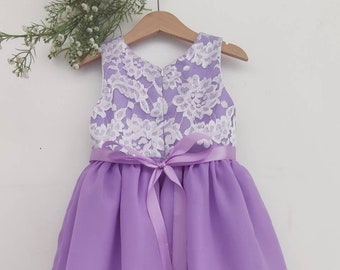 Flower girl dress lace in Lavender, chiffon girl dress, junior bridesmaid dress, flower girl dress long, light purple dress, birthday dress