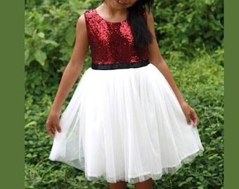 Vestido de niña de las flores con lentejuelas color burdeos: tutú de tul blanco, cinta negra