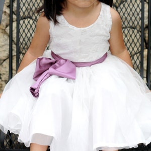 Flower Girl Dress White, Tutu white dress with sash, flower girl dress lace tulle, purple flower girl dress, flower girl dress ivory