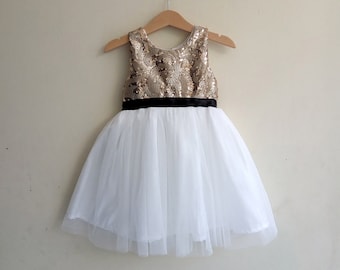 Champagne Gold and White flower girl dress, Flower Girl dresses gold sequin and black ribbon, tutu flower girls dress