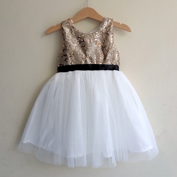 Champagne Gold and White flower girl dress, Flower Girl dresses gold sequin and black ribbon, tutu flower girls dress