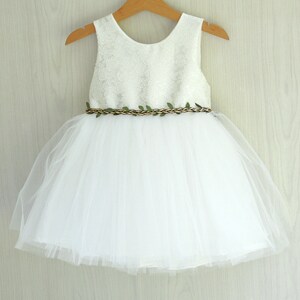 Rustic Flower Girl Dress: Ivory White Tulle, Green Leaf Belt