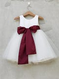 Burgundy flower girl dress, ivory tulle flower girl dresses with sash, burgundy holiday dress, flower girl proposal, junior bridesmaid dress product logo