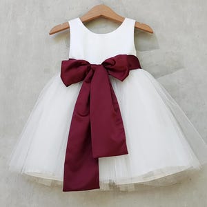 Burgundy flower girl dress, ivory tulle flower girl dresses with sash, burgundy holiday dress, flower girl proposal, junior bridesmaid dress
