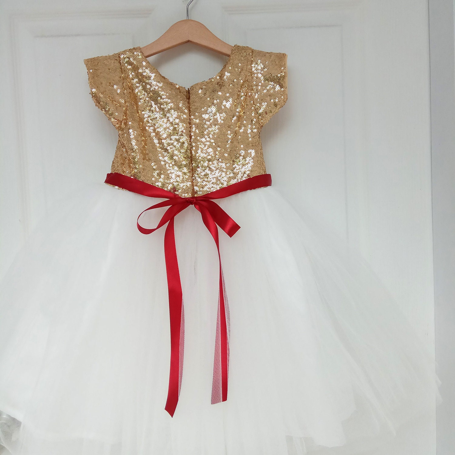 Christmas Dress Girls Gold, White and Red Ribbon, Christmas Dress Toddler, Tutu Dress Gold and White, Flower Girl Dress Christmas Wedding
