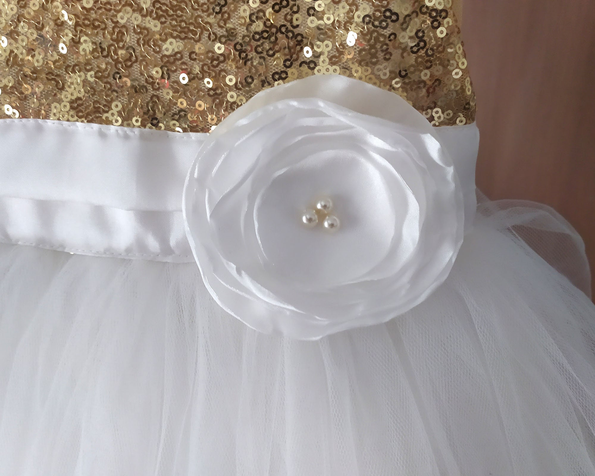 Gold Sequin Flower Girl Dress: Ivory Tulle Tutu, Handmade Gold Sequin Flower Girl Dress: Ivory Tulle Tutu, Handmade