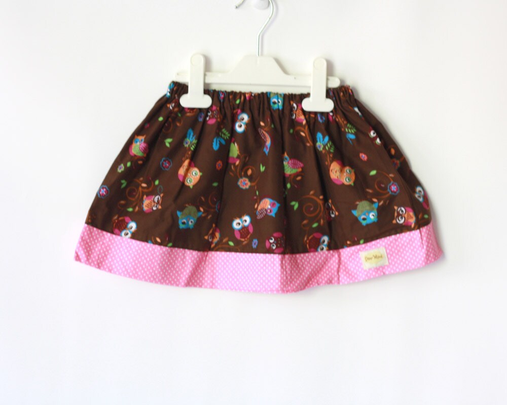 Owl Skirt, Girls Skirt, Brown and Pink Skirt, Play skirt, gathered toddler skirt