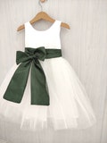Flower girl dress Olive Green, white tulle and bow sash, fall flower girl dress toddler, Olive wedding theme, girl dress tutu, Olive dress