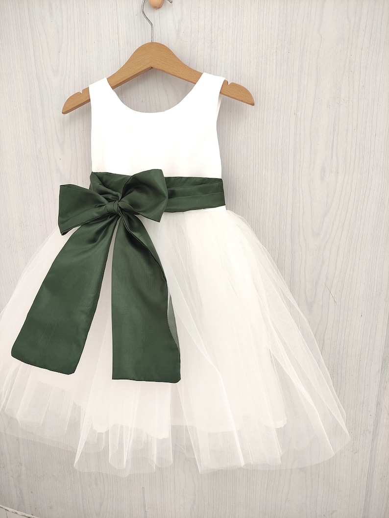 Flower girl dress Olive Green, white tulle and bow sash, fall flower girl dress toddler, Olive wedding theme, girl dress tutu, Olive dress image 1