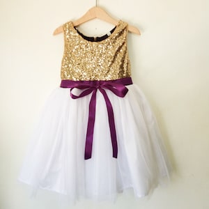 flower girls dress gold, white and purple, gold sequin and purple dress, gold flower girl dress, purple flower girl dress image 1