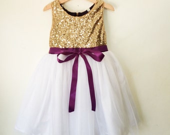 flower girls dress gold, white and purple, gold sequin and purple dress, gold flower girl dress, purple flower girl dress