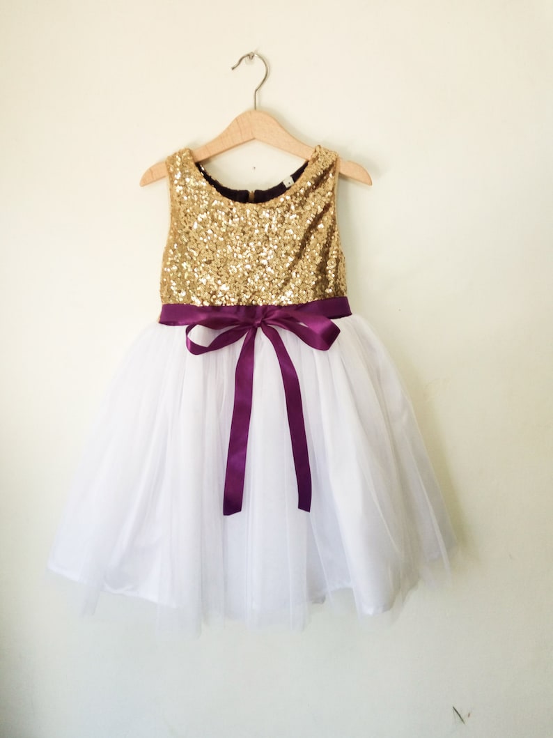 flower girls dress gold, white and purple, gold sequin and purple dress, gold flower girl dress, purple flower girl dress image 1