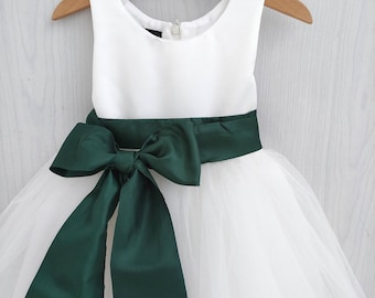 Hunter green flower girl dress, Christmas dresses for girl, toddler and baby, green wedding flower girl dresses, satin tutu dress