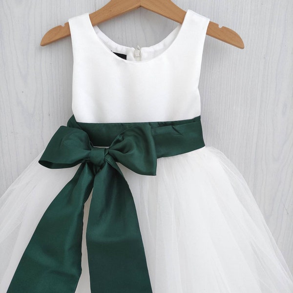 Hunter green flower girl dress, Christmas dresses for girl, toddler and baby, green wedding flower girl dresses, satin tutu dress