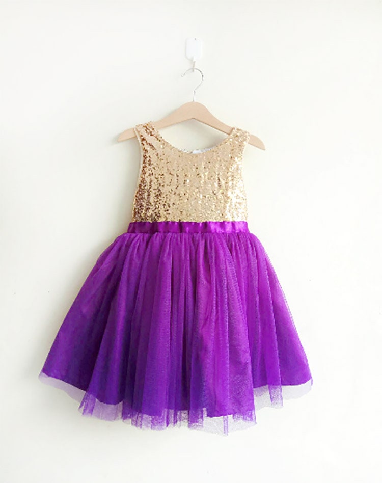Gold and Purple flower girl s dress gold sequined and purple tutu dress