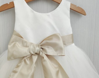 Ivory Tulle Flower Girl Dress, Champagne Bow Sash
