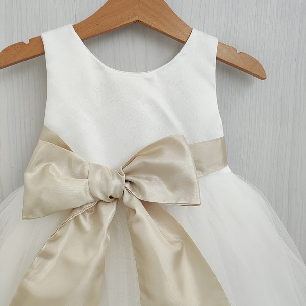 Robe de demoiselle d'honneur champagne avec ceinture pour enfant en bas âge, robe tutu pour fille, robe en tulle, robes de demoiselle d'honneur blanc ivoire, mariage champagne