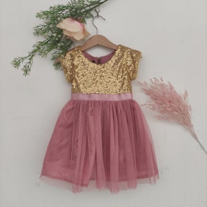 Dusty Pink Flower Girl Dress, dusty rose dress, gold tutu dress, toddler dress, dusty rose wedding, gold and dusty pink tulle dress image 4