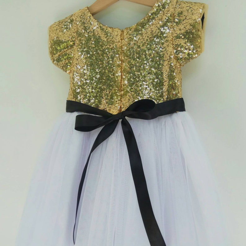 Gold white and black flower girl's dress gold sequined Etsy
