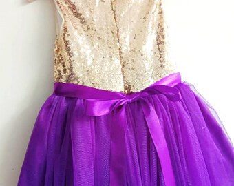 purple and gold birthday dress Gilrs Sequnis One Shoulder Birthday Party Dresses Kids Bow Princess Dress Feather Dress, E / Purple / 120 cm