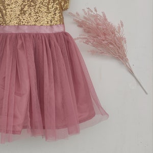 Dusty Pink Flower Girl Dress, dusty rose dress, gold tutu dress, toddler dress, dusty rose wedding, gold and dusty pink tulle dress image 2