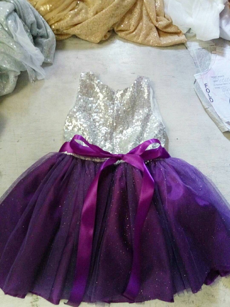 purple and silver flower girl dresses