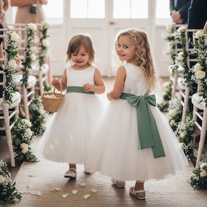 Flower girl dress tulle ivory with sage green sash, white tutu dress, flower girl dresses toddler, sage wedding, junior bridesmaid dress