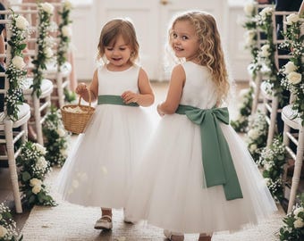 Flower girl dress tulle ivory with sage green sash, White tutu dress, Flower girl dresses toddler, sage wedding, junior bridesmaid dress