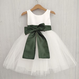 Flower girl dress Olive Green, white tulle and bow sash, fall flower girl dress toddler, Olive wedding theme, girl dress tutu, Olive dress image 4