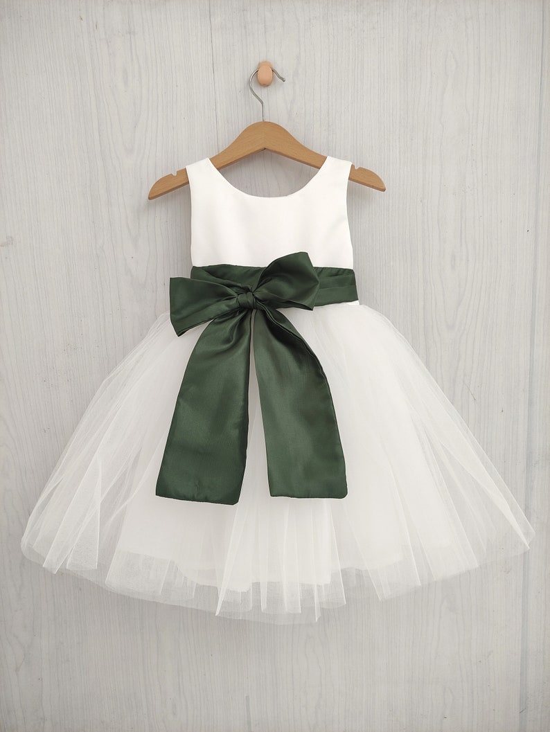 Flower girl dress Olive Green, white tulle and bow sash, fall flower girl dress toddler, Olive wedding theme, girl dress tutu, Olive dress image 4