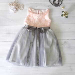 Peach Lace Flower Girl Dress: Grey Tulle Tutu, Satin Sash