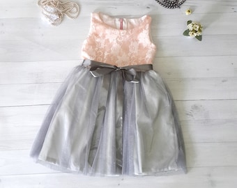 Peach Flower Girl Dress Grey Flower 
