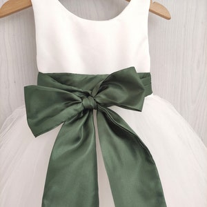 Flower girl dress Olive Green, white tulle and bow sash, fall flower girl dress toddler, Olive wedding theme, girl dress tutu, Olive dress image 3