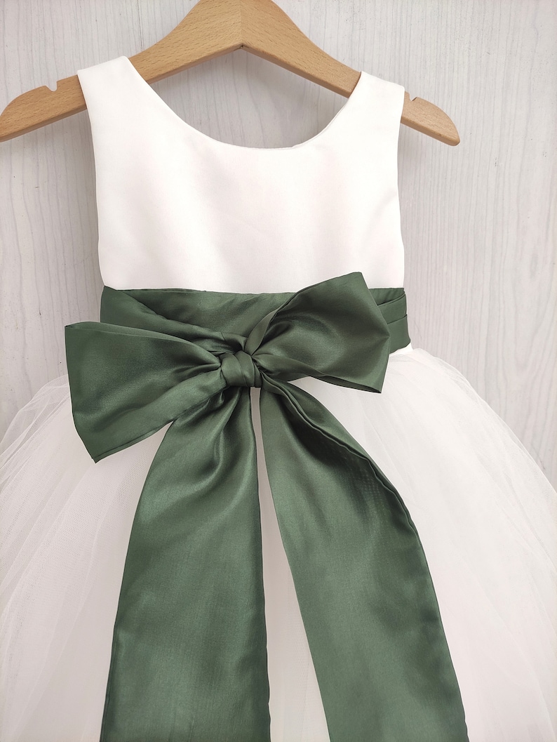 Flower girl dress Olive Green, white tulle and bow sash, fall flower girl dress toddler, Olive wedding theme, girl dress tutu, Olive dress image 3