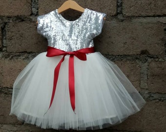 Silver flower girl dress, tutu dress, burgundy sash flower girls dress, silver and white girl dress, flower girl dress burgundy