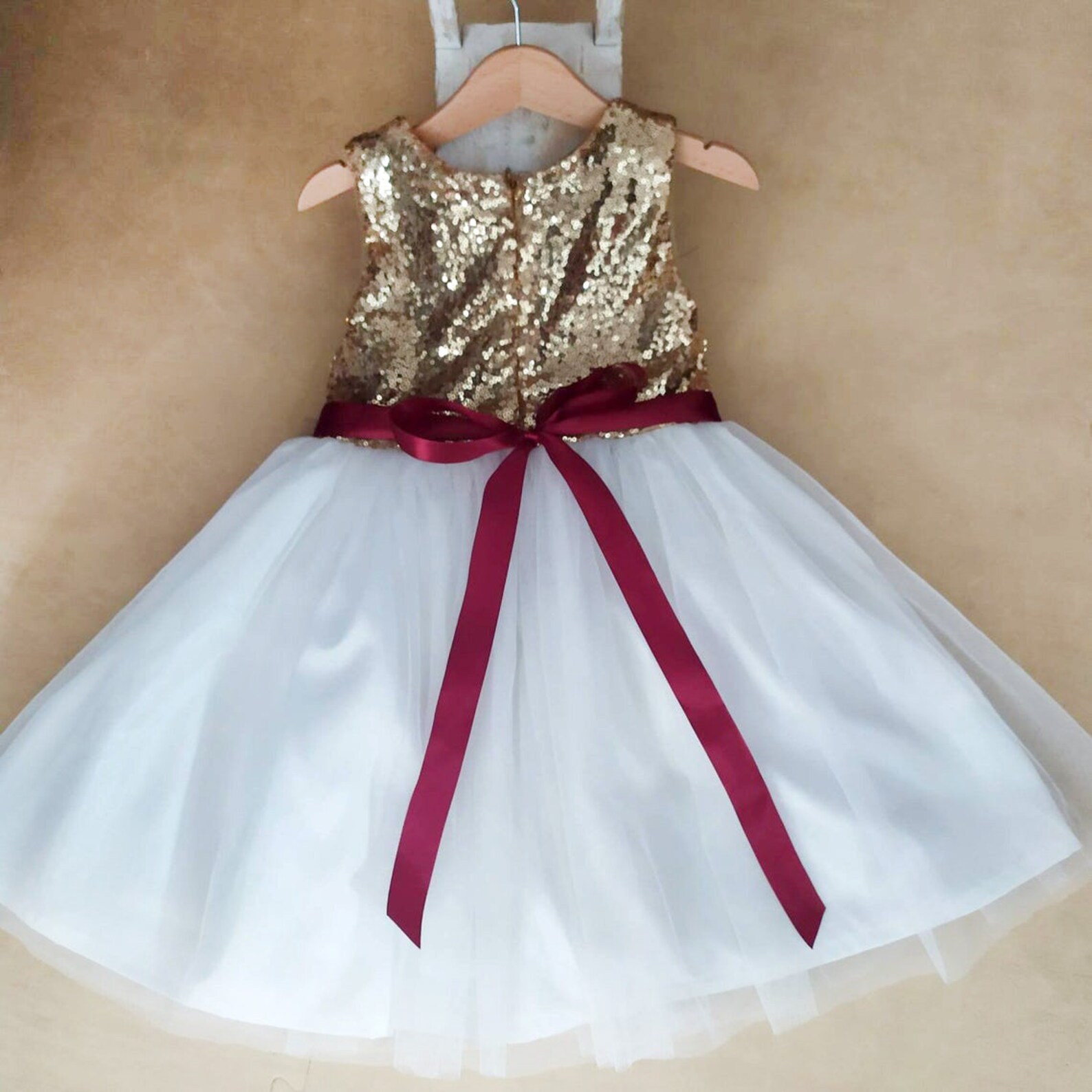 Gold Burgundy Flower girl dress with white or ivory tulle | Etsy