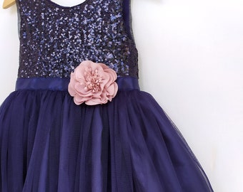 Flower girl dress navy blue sequin, navy blue toddler flower girl tutu dress, navy blue wedding,